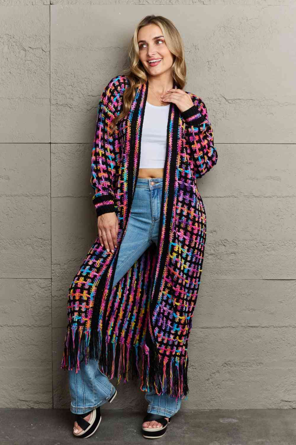 Multicolored Open Front Fringe Hem Cardigan