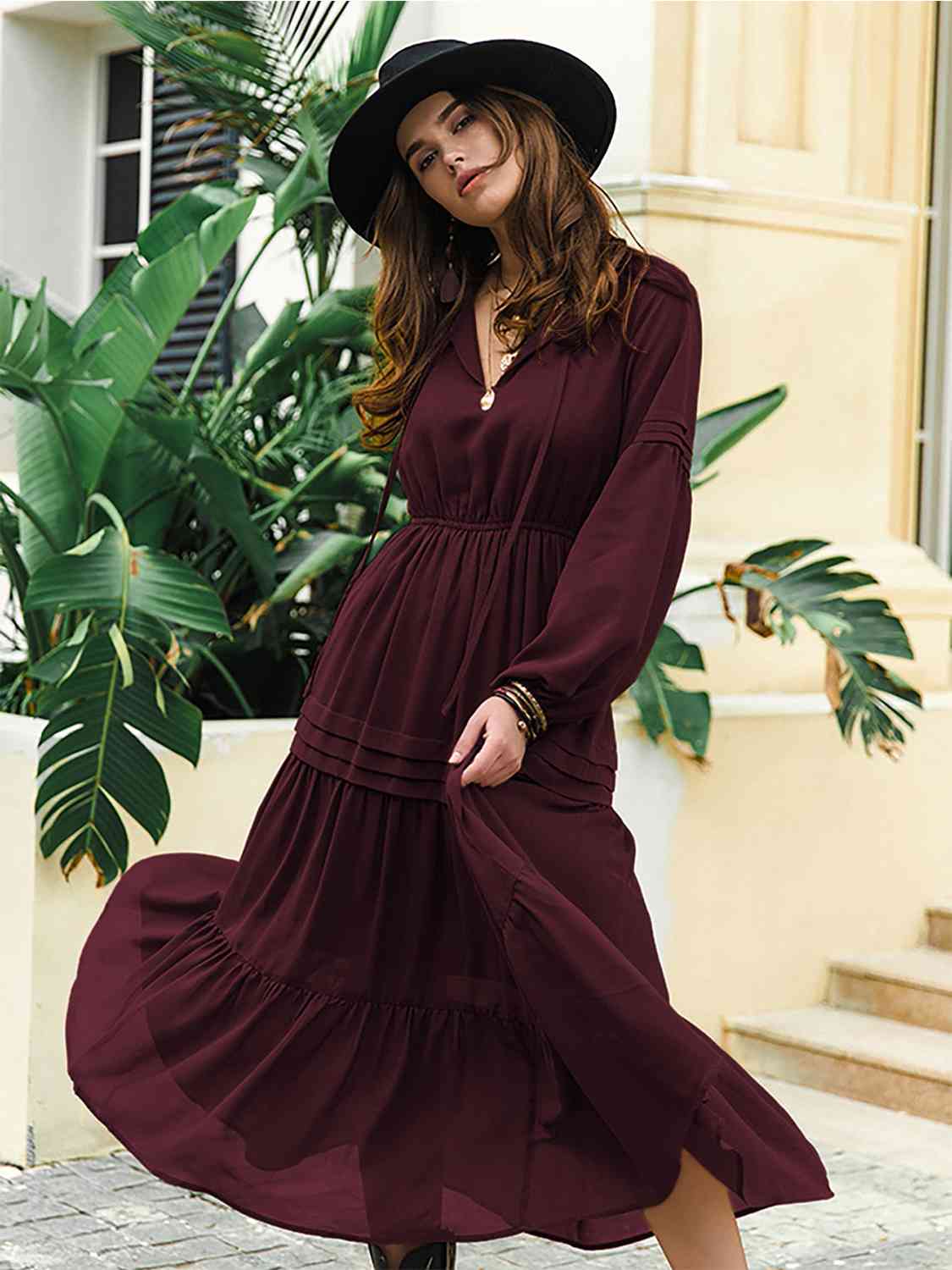 Tie-neck tiered midi dress