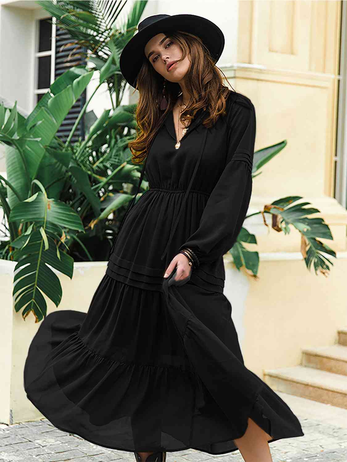 Tie neck tiered midi dress