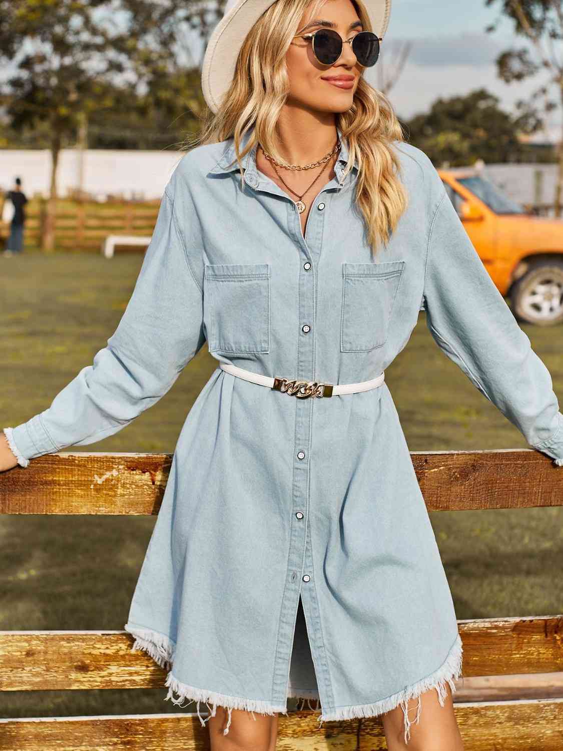 Raw-hem denim shirt dress – light