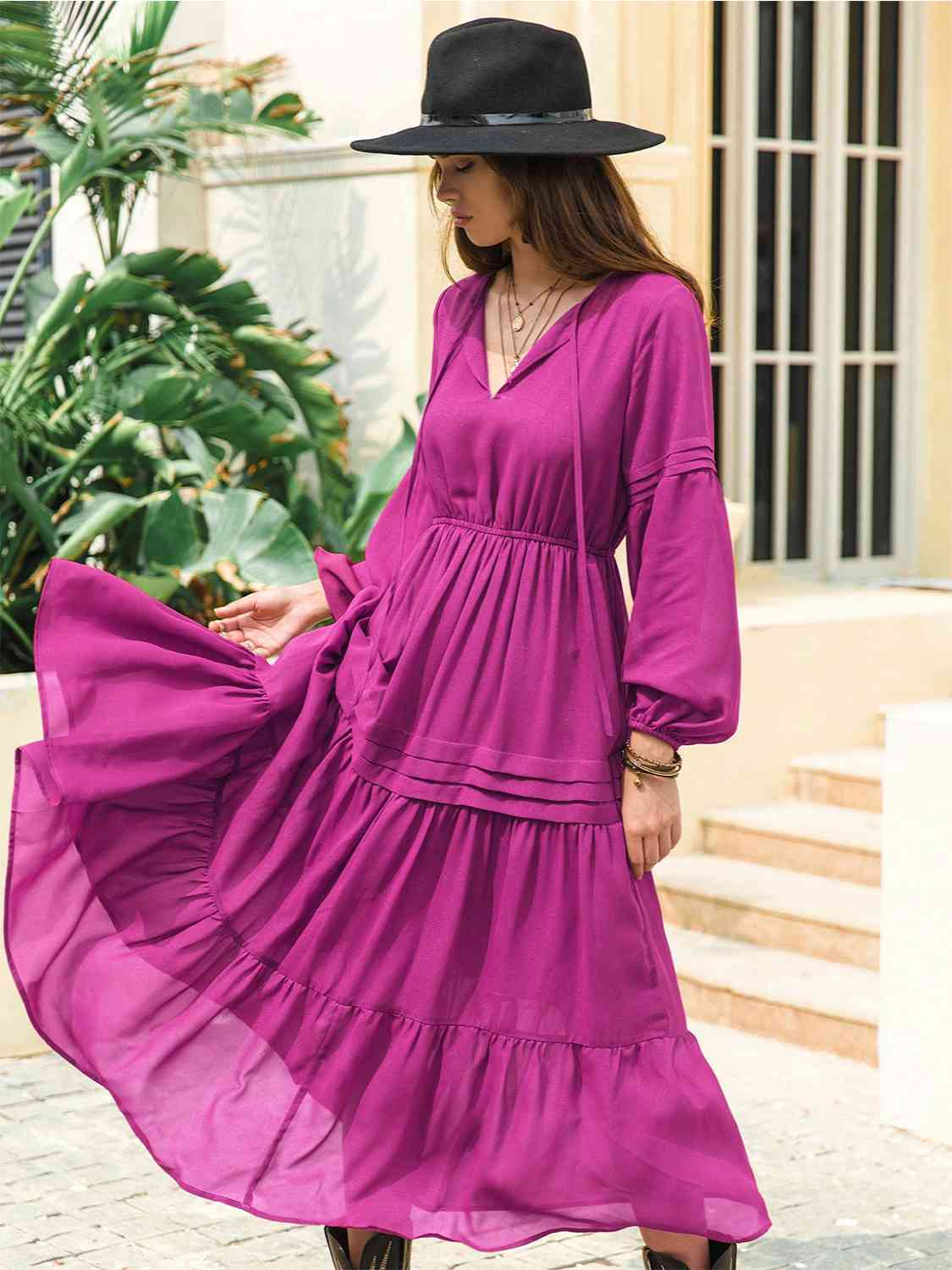 Tie-neck tiered midi dress