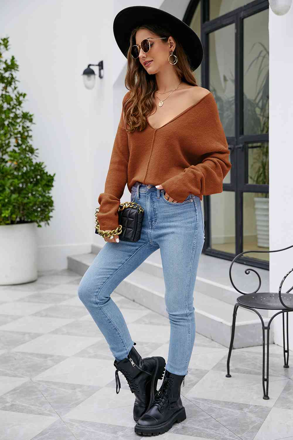 V-Neck Drop Shoulder Long Sleeve Knit Top