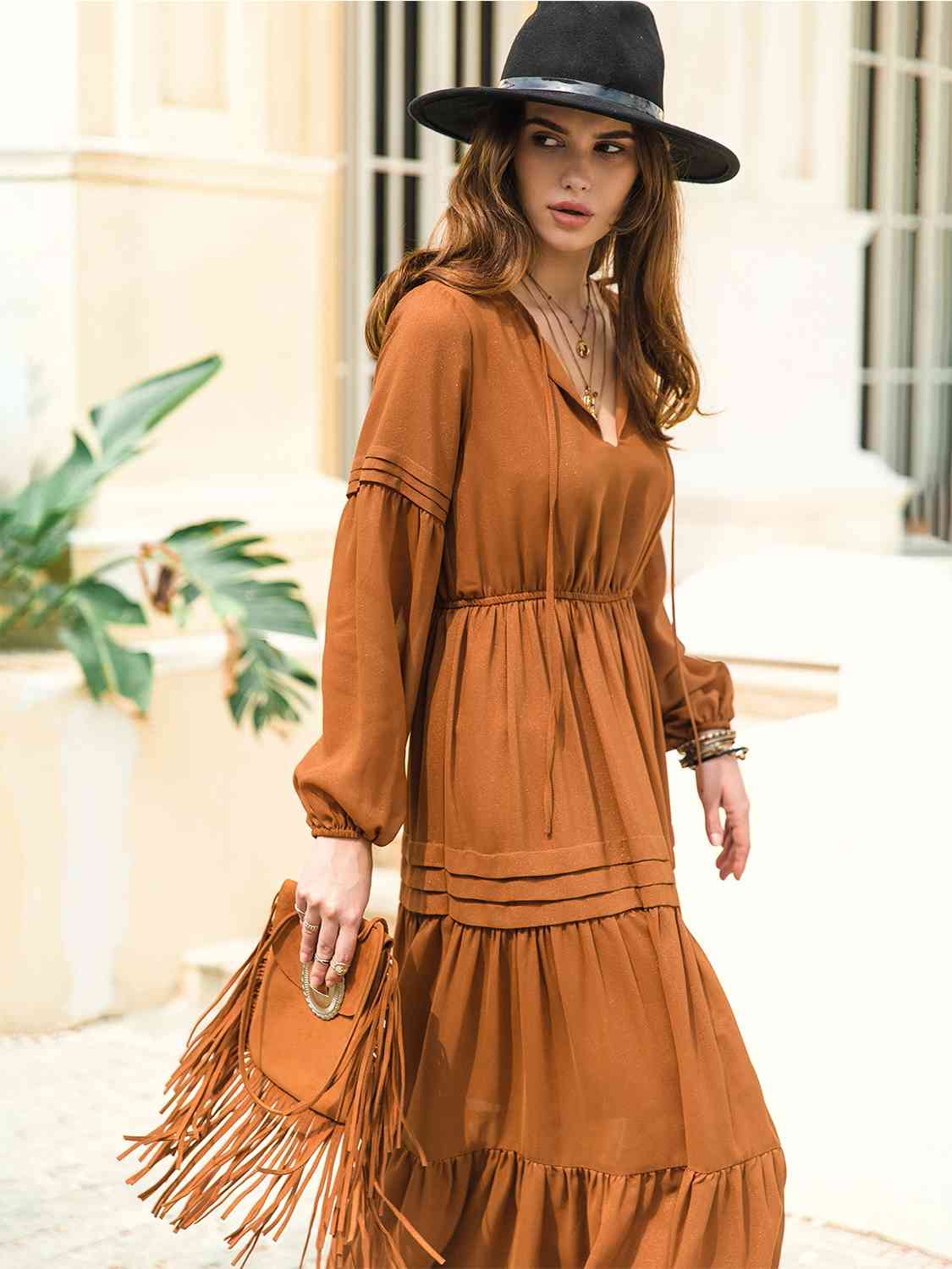 Tie-neck tiered midi dress