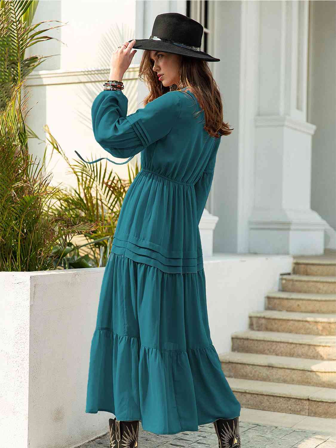 Tie-neck tiered midi dress
