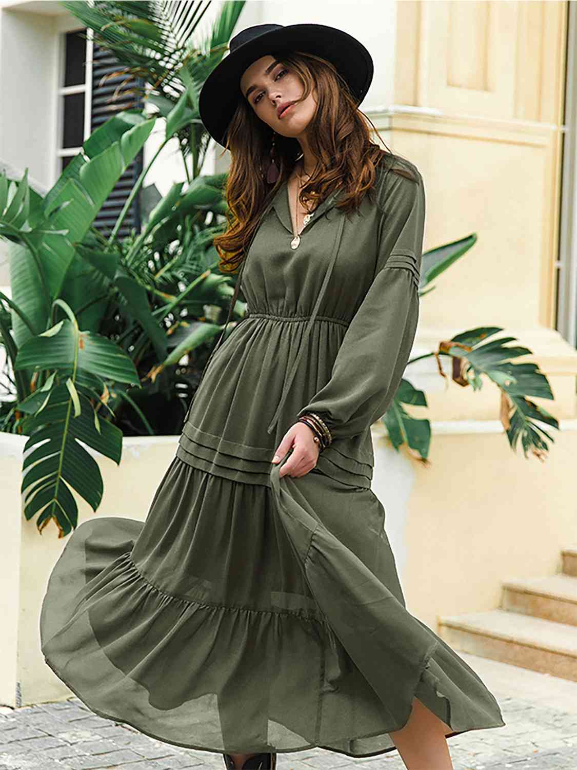 Tie-neck tiered midi dress