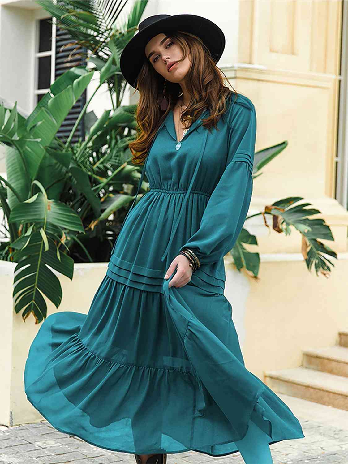 Tie-neck tiered midi dress