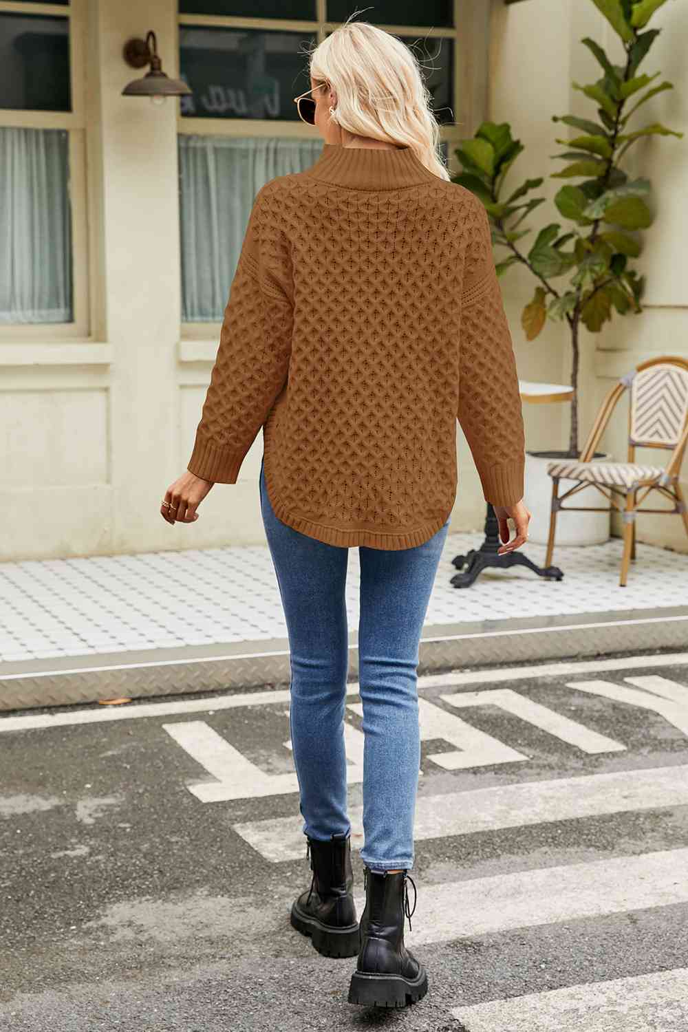 Mock neck side slit sweater