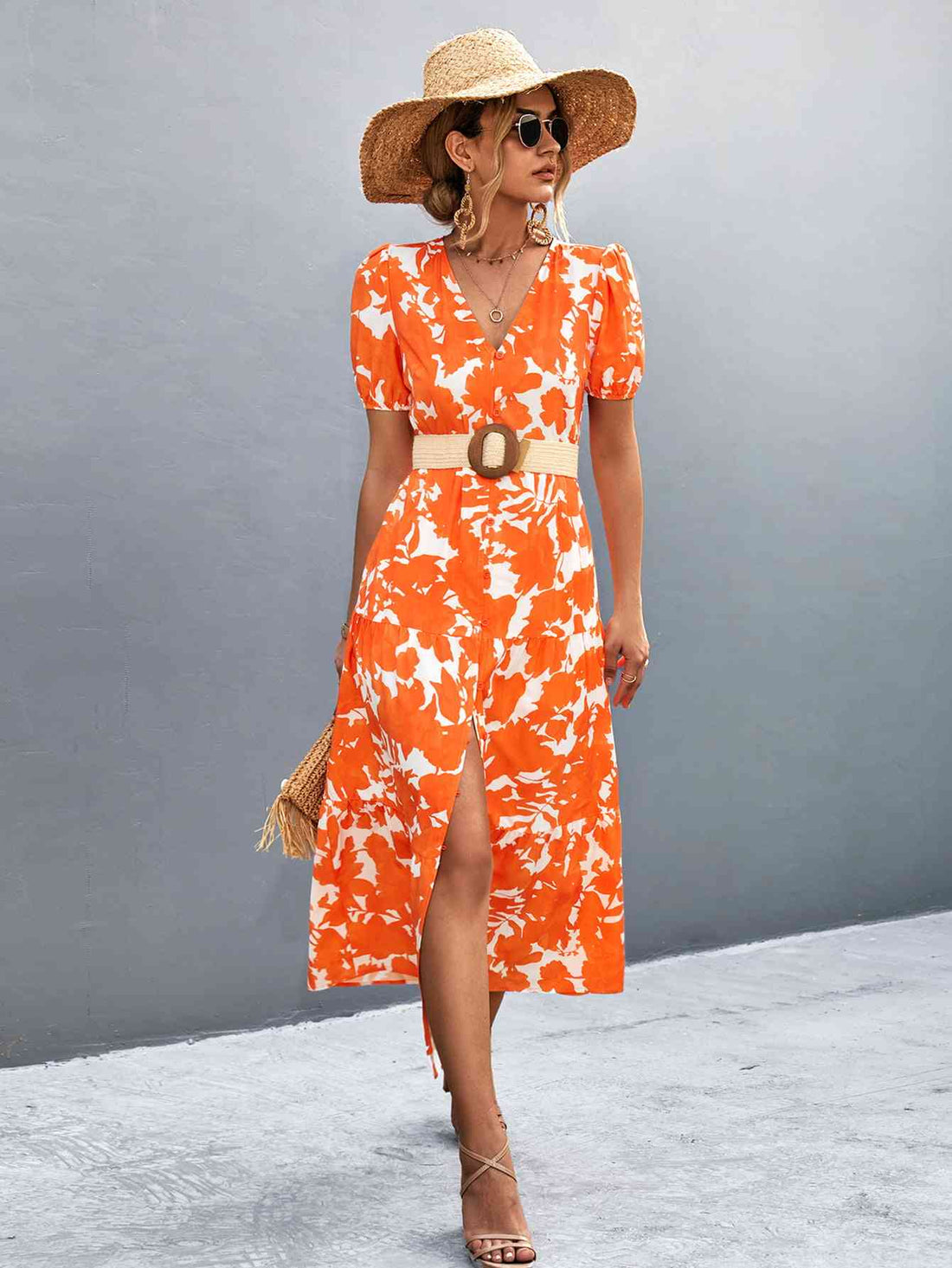 High-slit V-neck midi dress – red orange