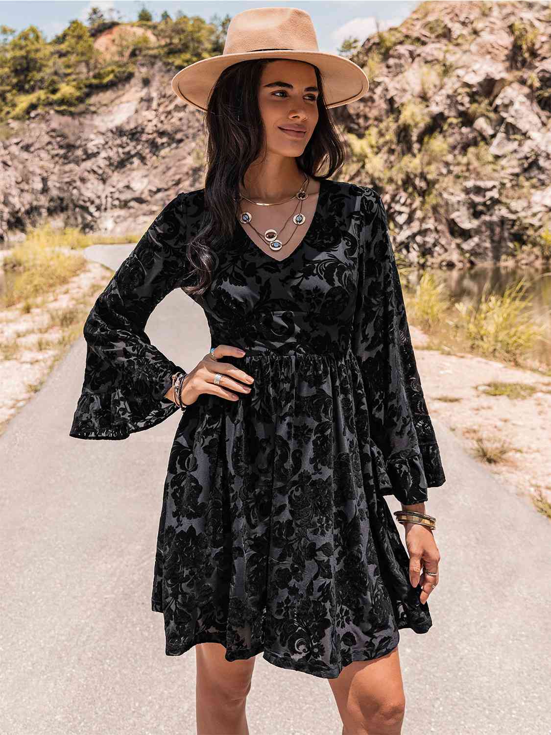 Floral V-Neck Flare Sleeve Mini Dress