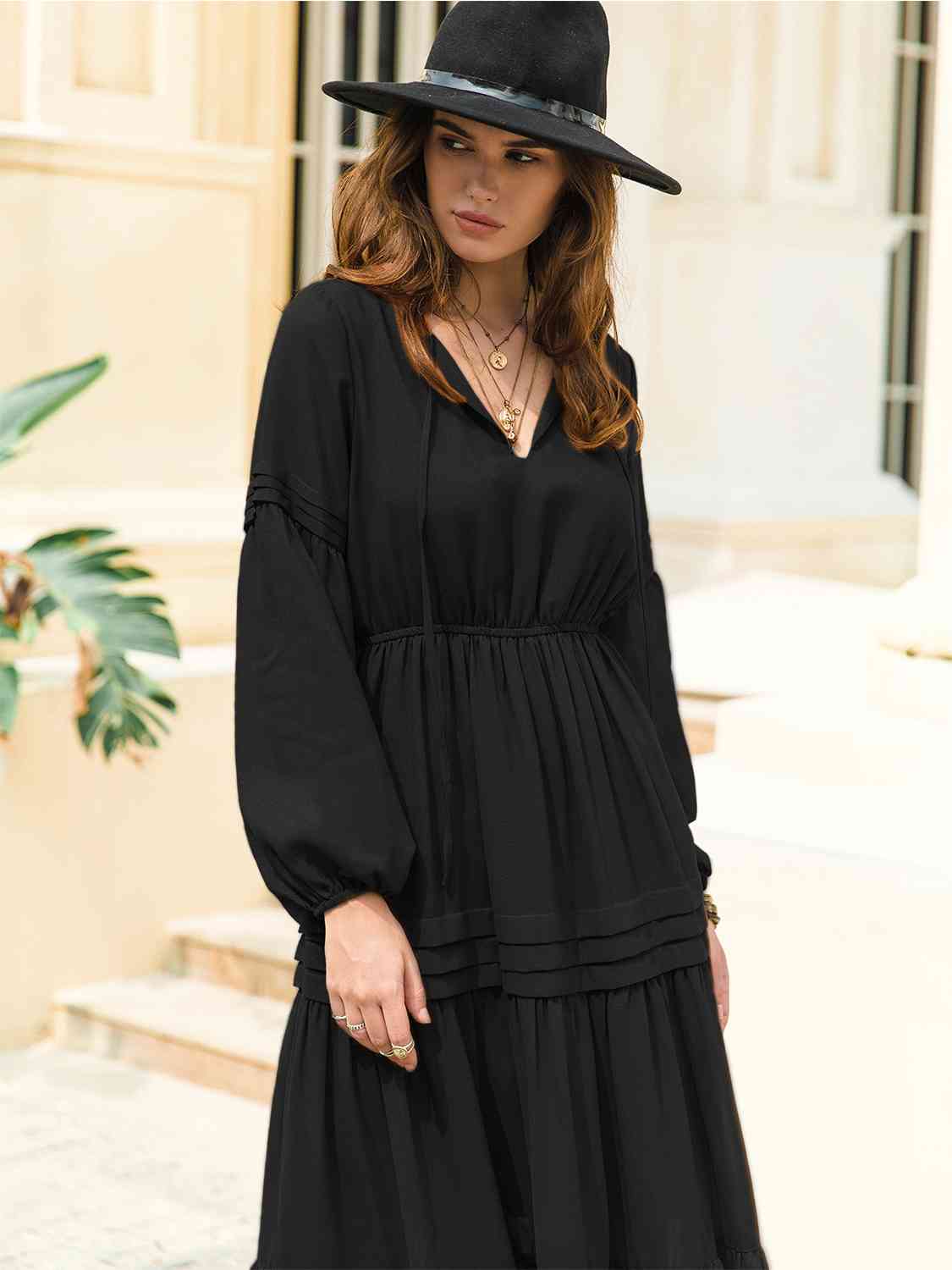 Tie-neck tiered midi dress