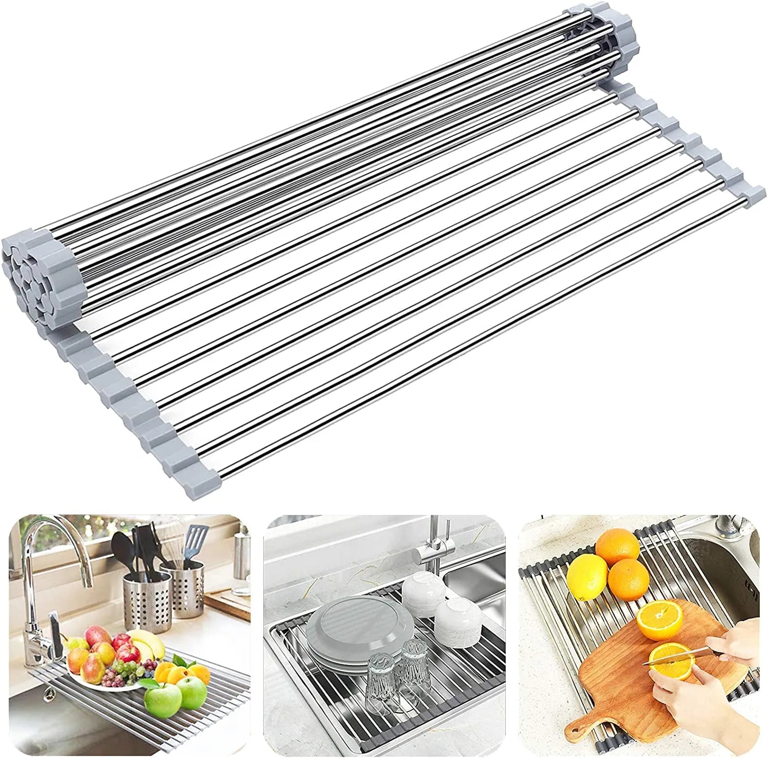 Foldable Stainless Steel Dish Drainer Roll Up Dish Drying Rack Shelf Kitchen Over The Sink Holder Bowl Tableware Plate Storage