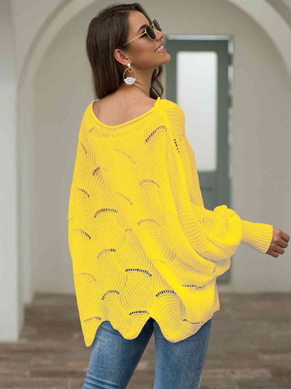 Haut en tricot ajouré à col bateau et manches lanternes