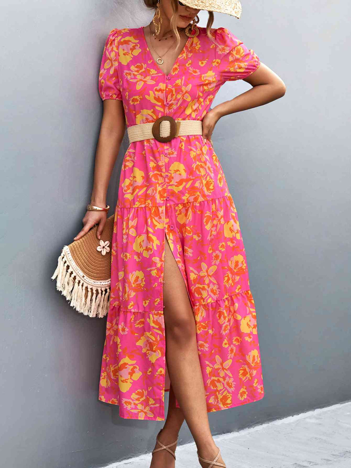 High-slit V-neck midi dress