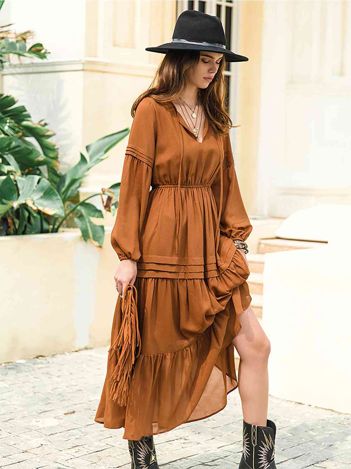 Tie-neck tiered midi dress