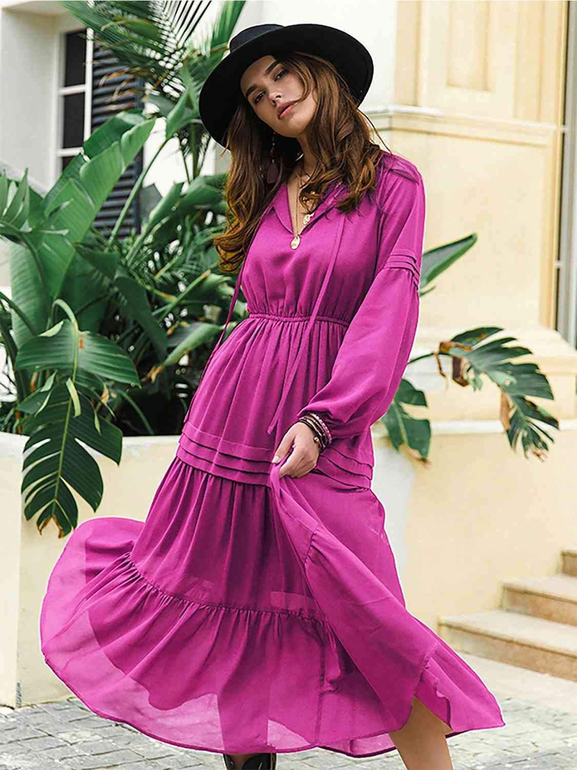 Tie-neck tiered midi dress
