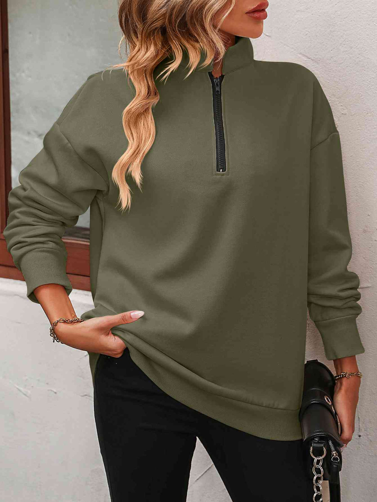 Zip up dropped shoulder sweatshirt, front