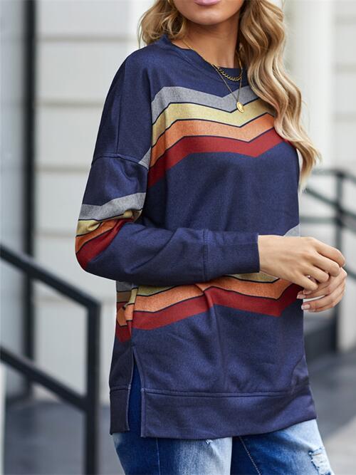 Striped Dropped Shoulder Slit Sweatshirt