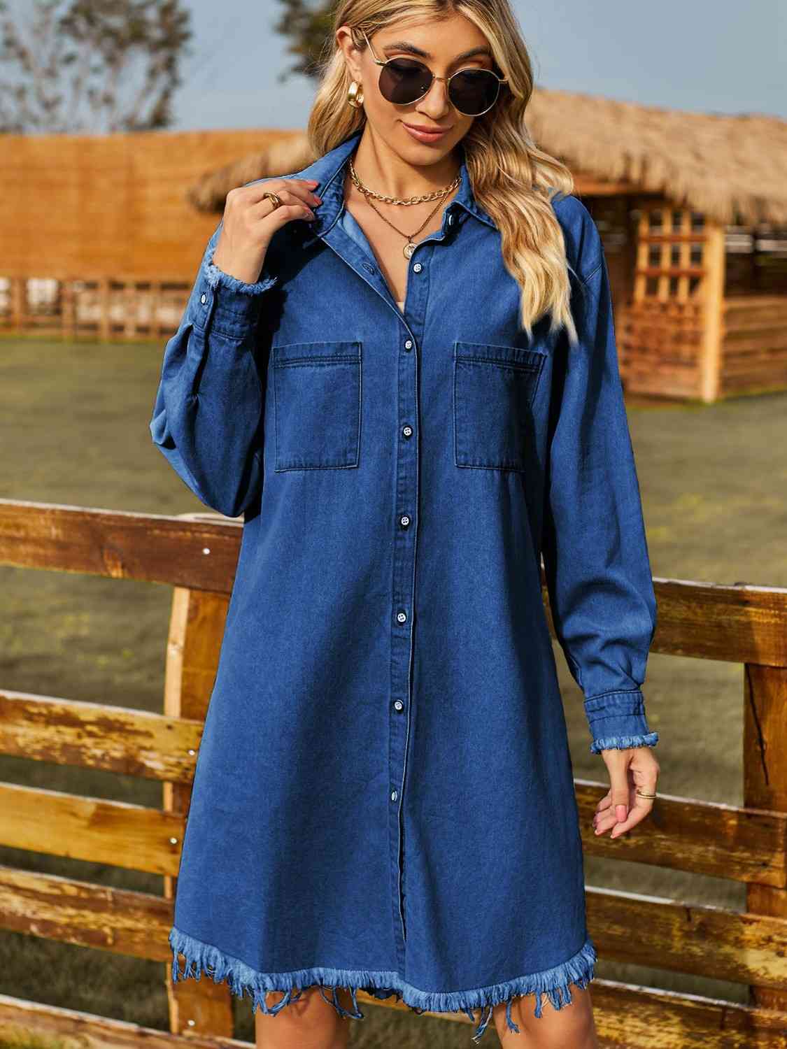 Raw-hem denim shirt dress