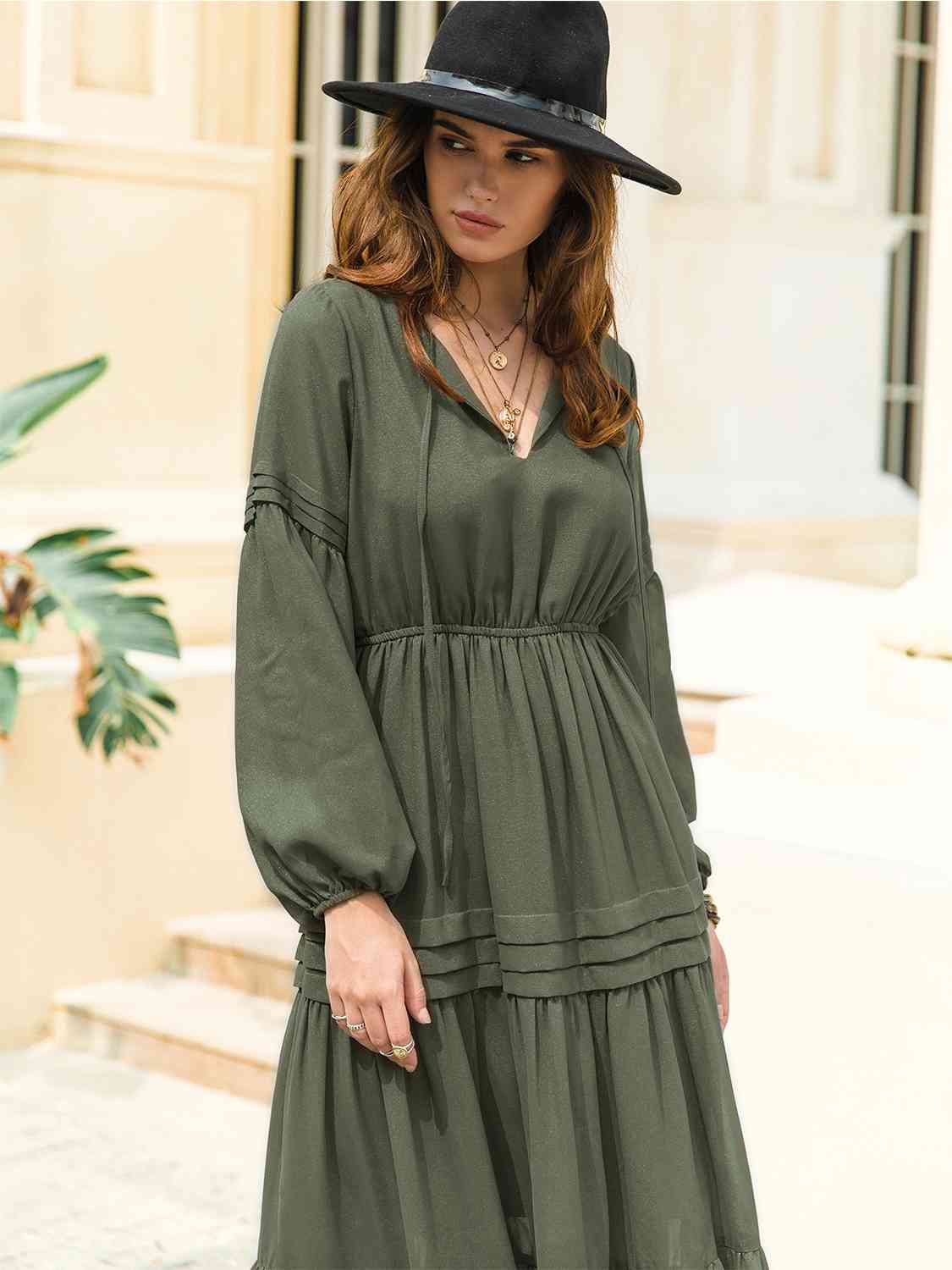 Tie-neck tiered midi dress