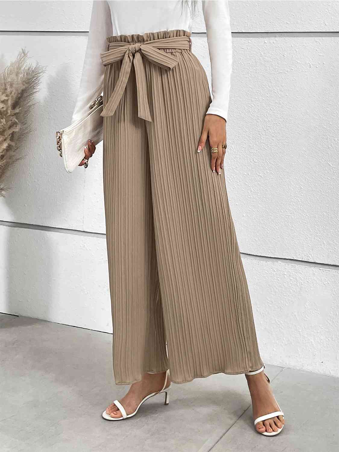 Tied wide leg long pants, front