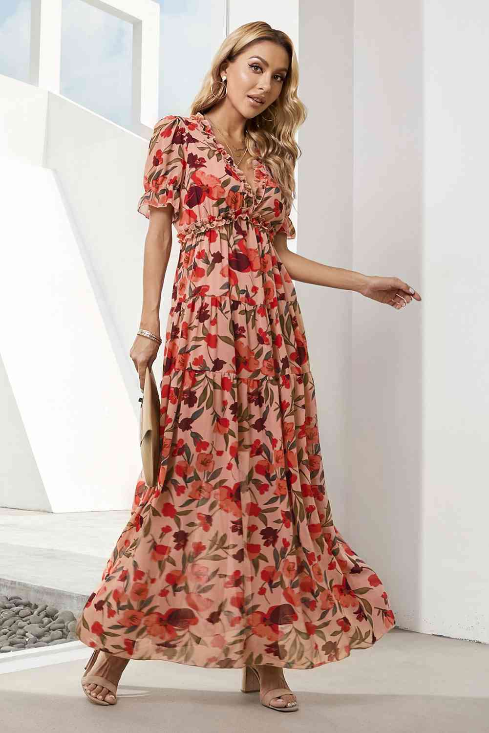 Floral flounce-sleeve dress – deep red