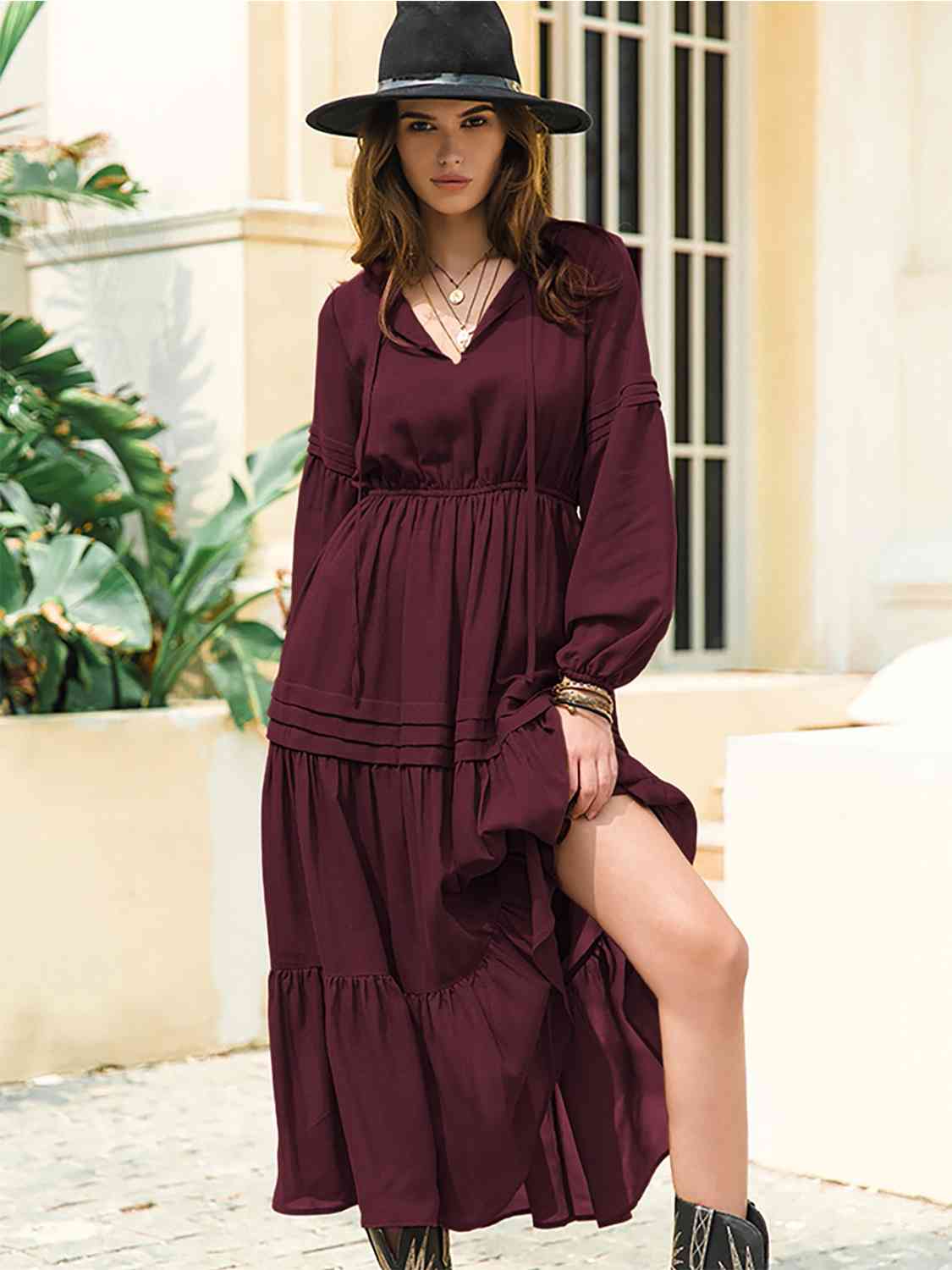 Tie-neck tiered midi dress
