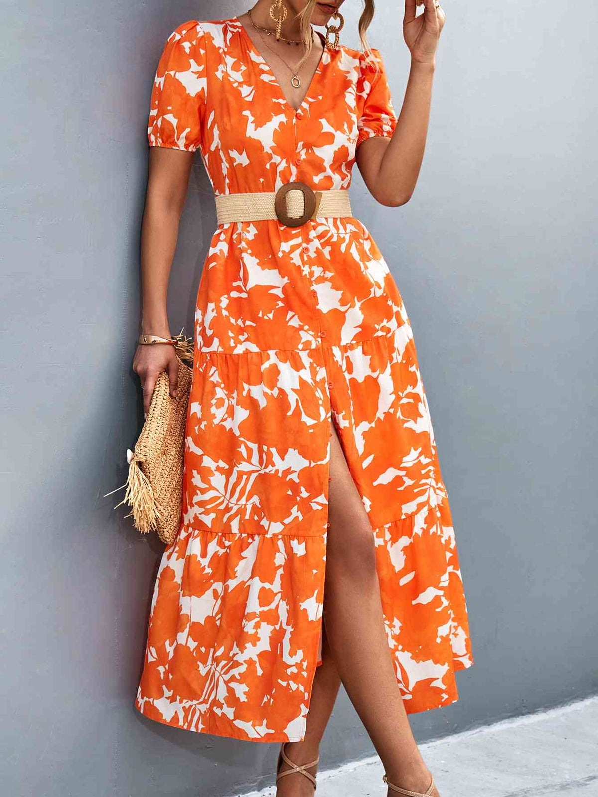 High-slit V-neck midi dress