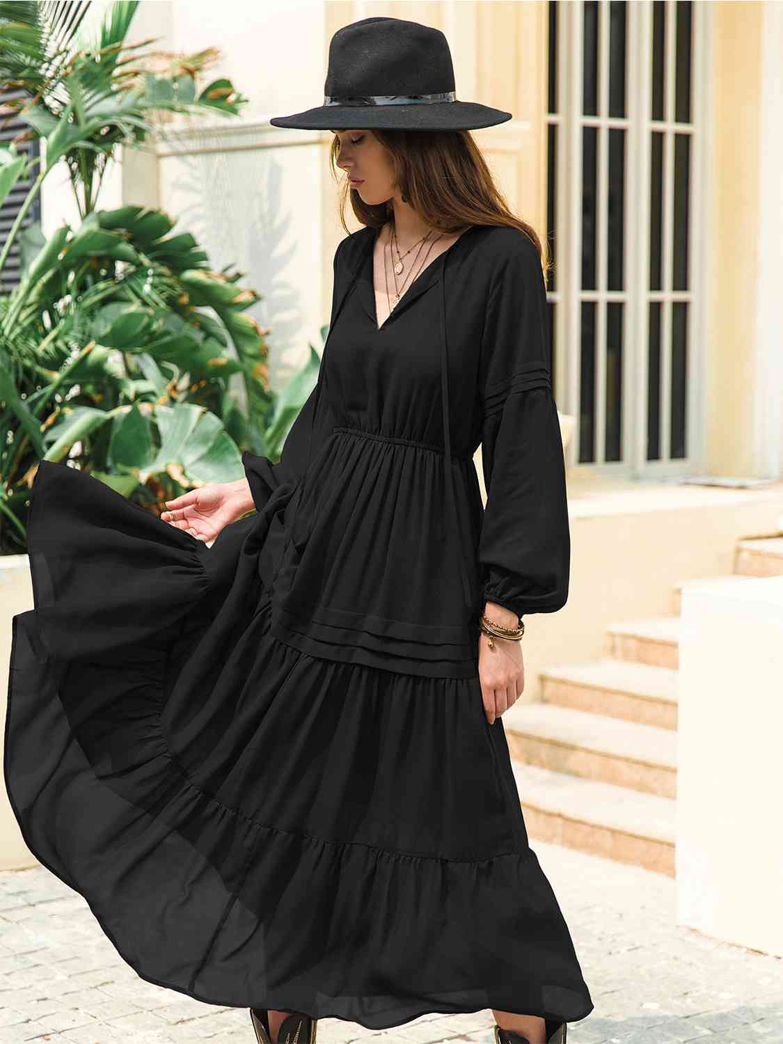 Tie-neck tiered midi dress