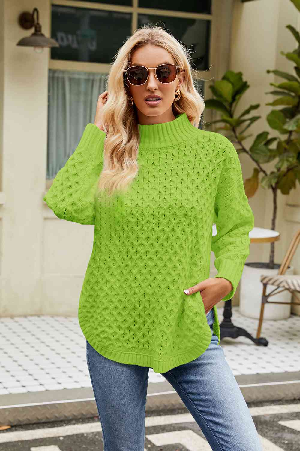 Mock neck side slit sweater