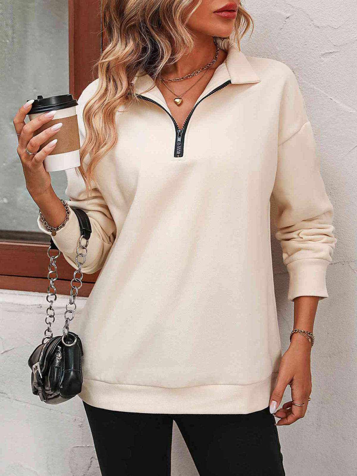 Zip up dropped shoulder sweatshirt, Light Apricot, front