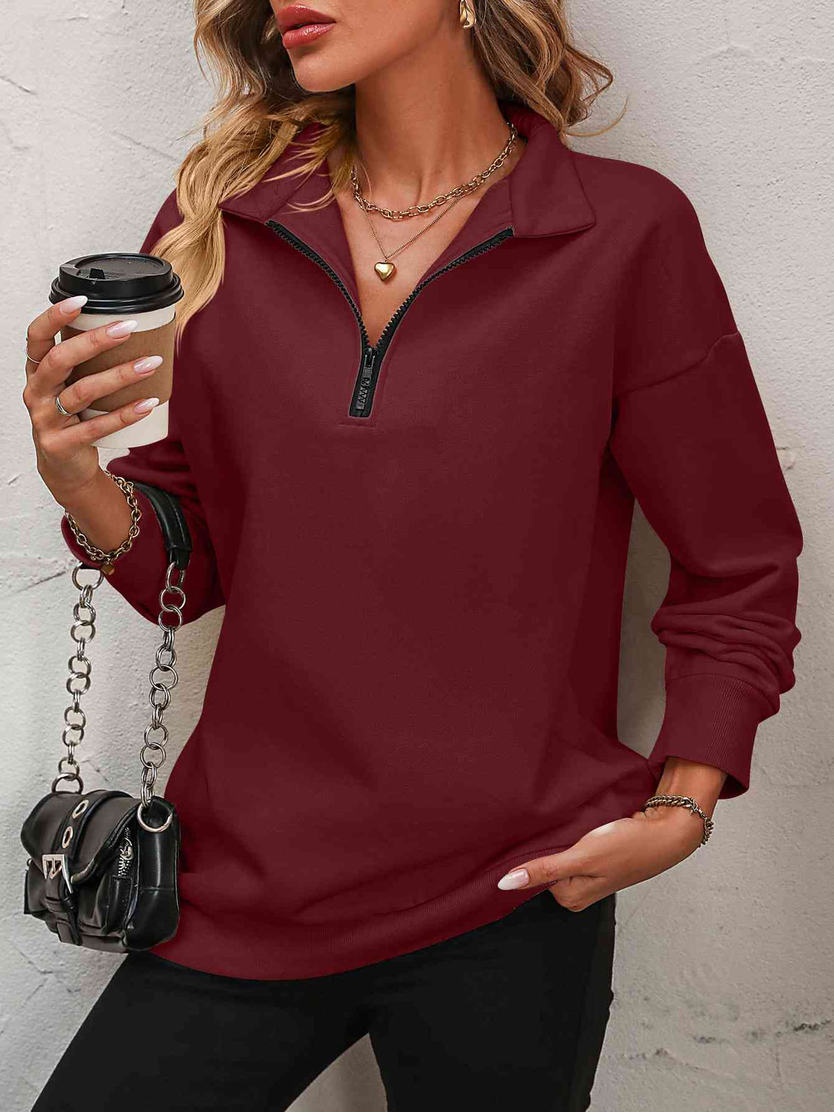Zip up dropped shoulder sweatshirt, front