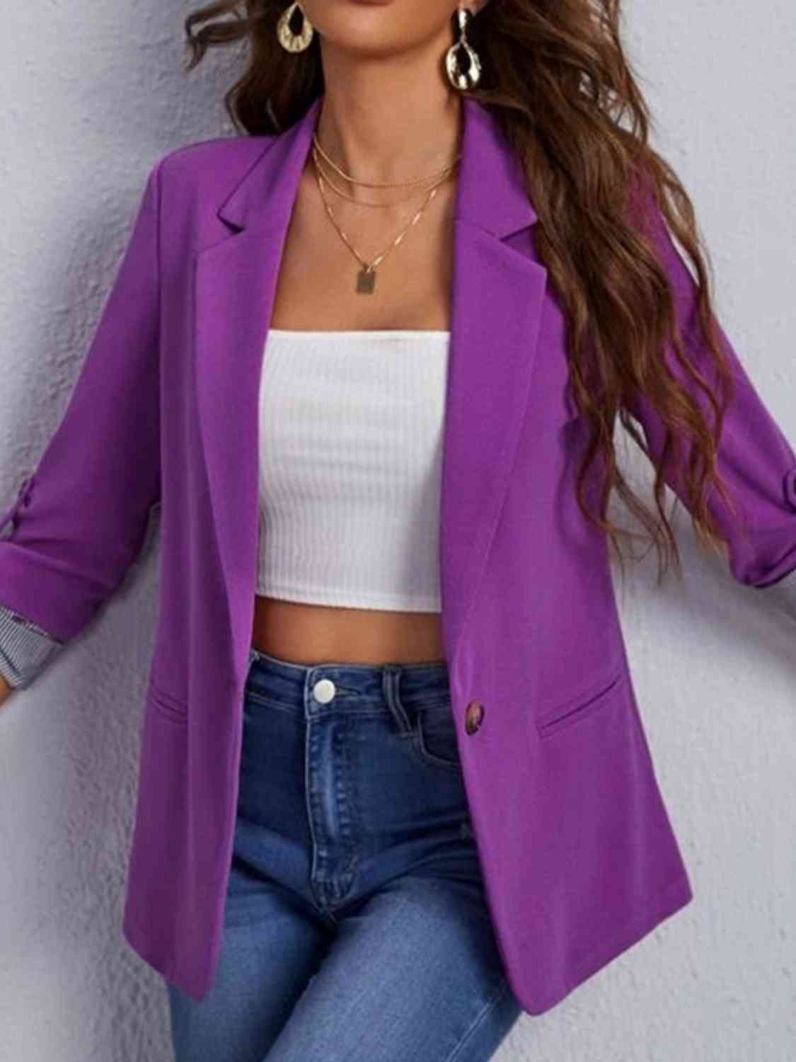 Lapel collar roll tab sleeve blazer