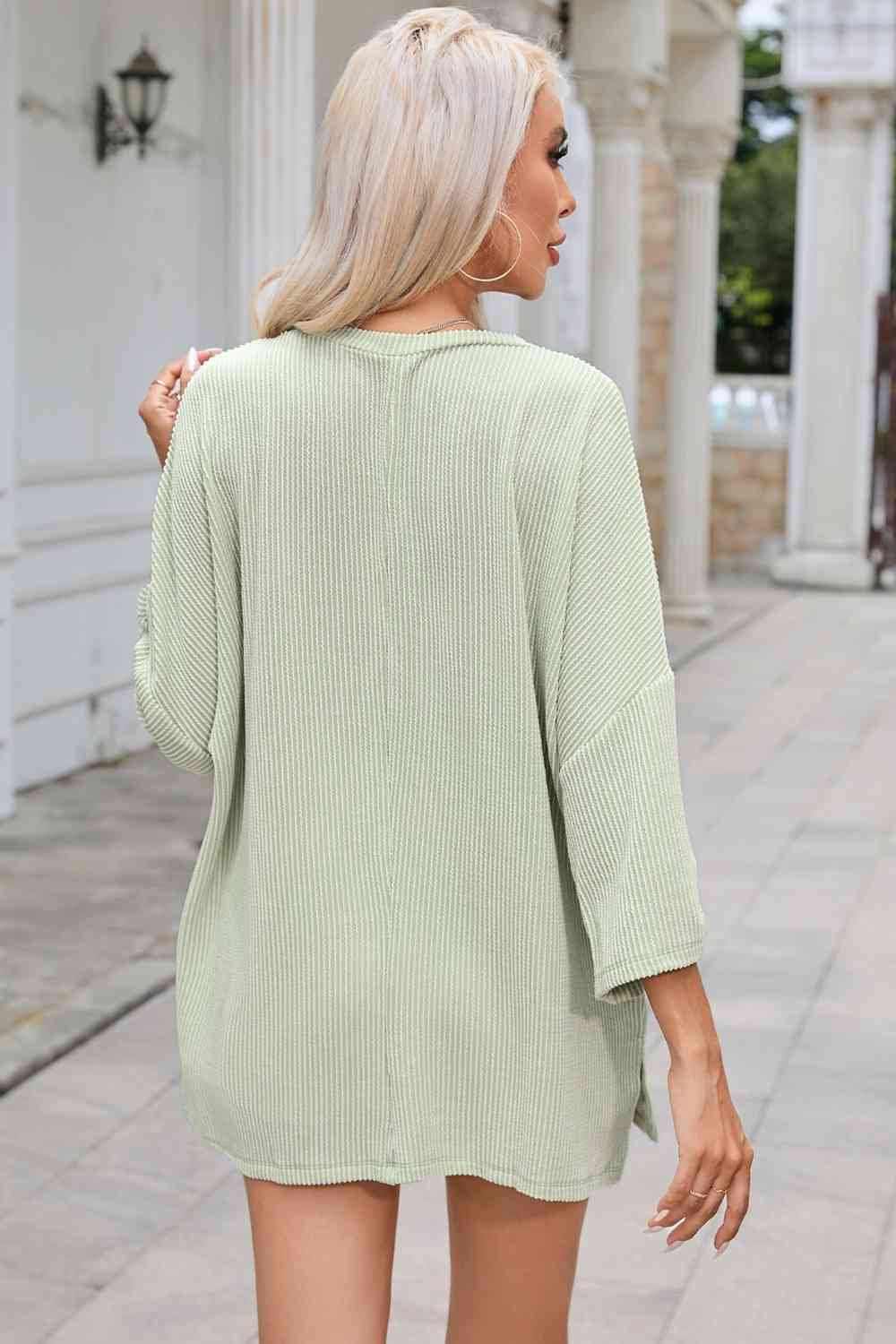 Round Neck Slit Roll-Tab Sleeve T-Shirt