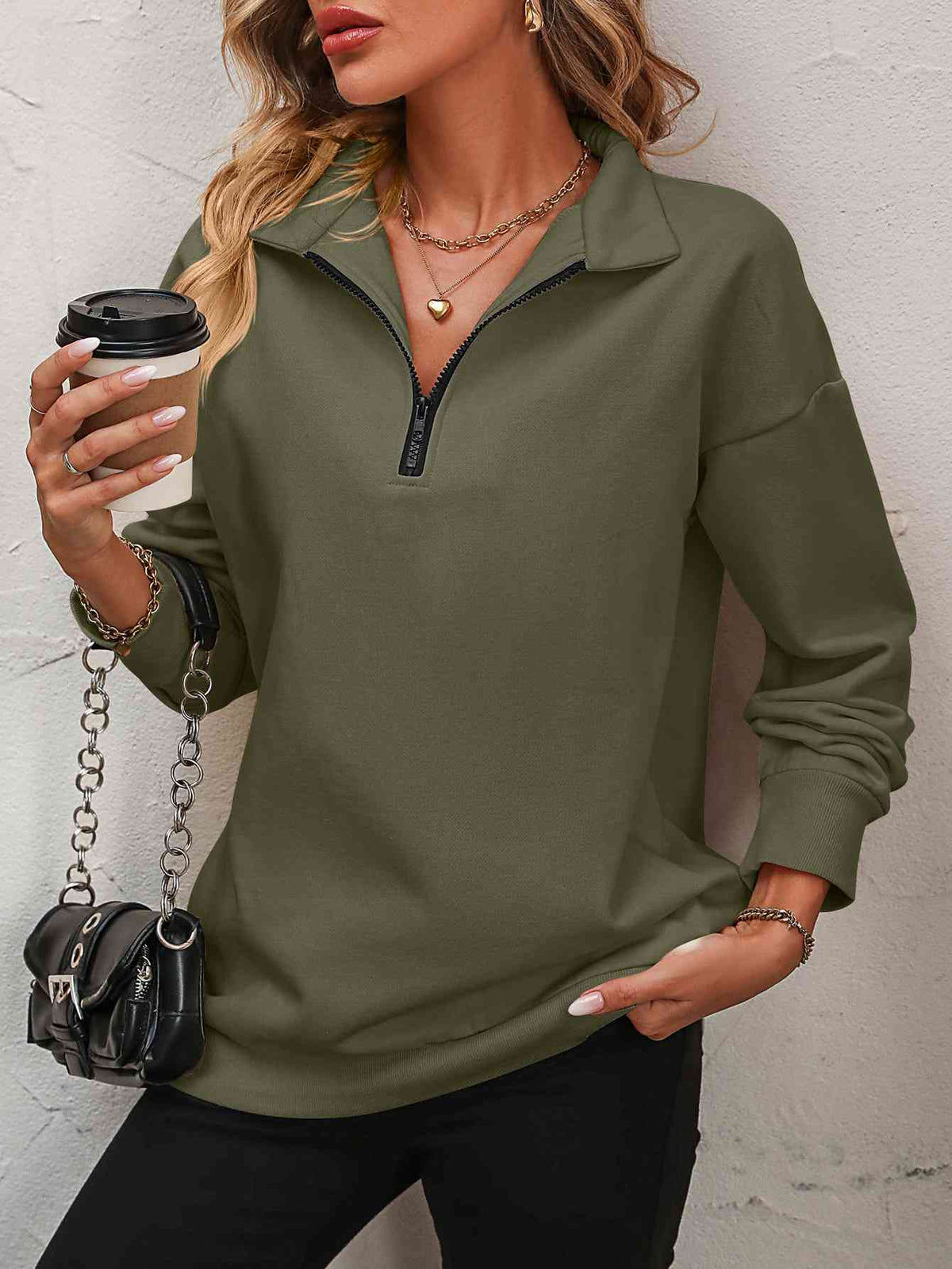 Zip up dropped shoulder sweatshirt, Army Green, front