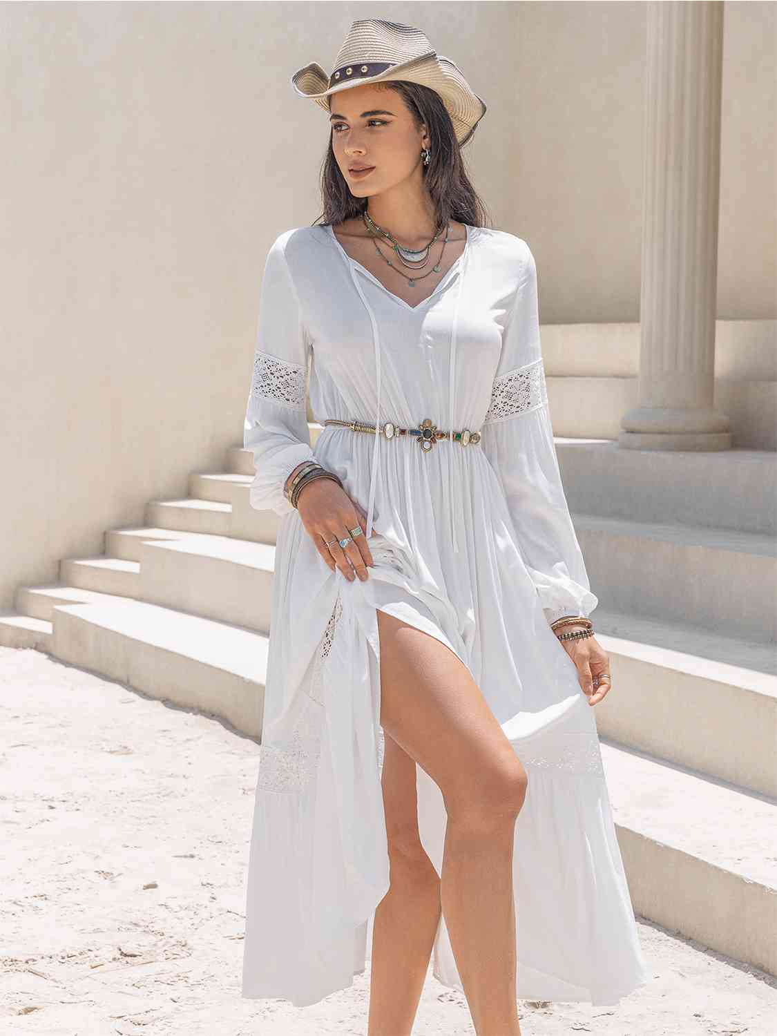 Tie-neck tiered midi dress