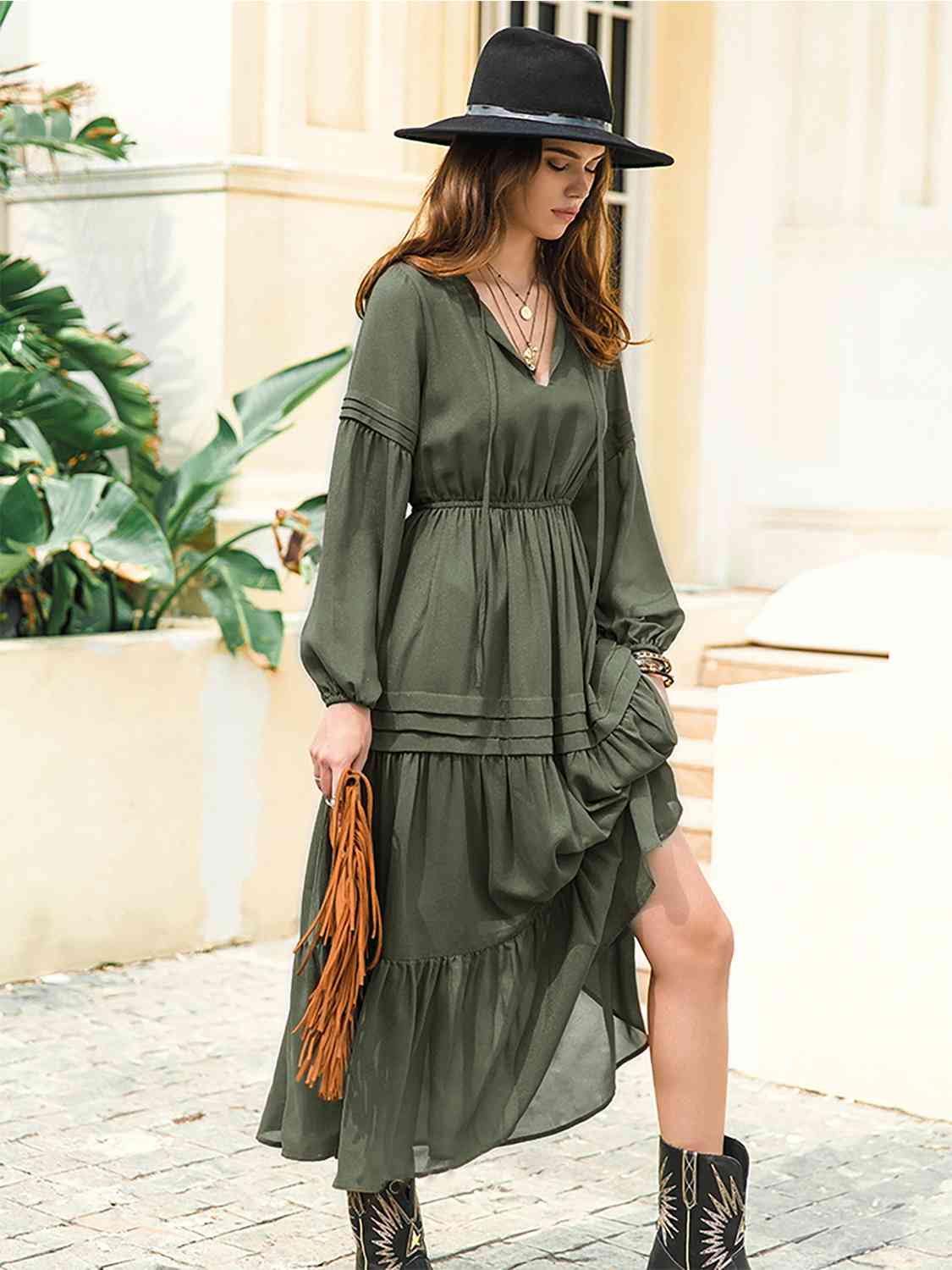 Tie-neck tiered midi dress