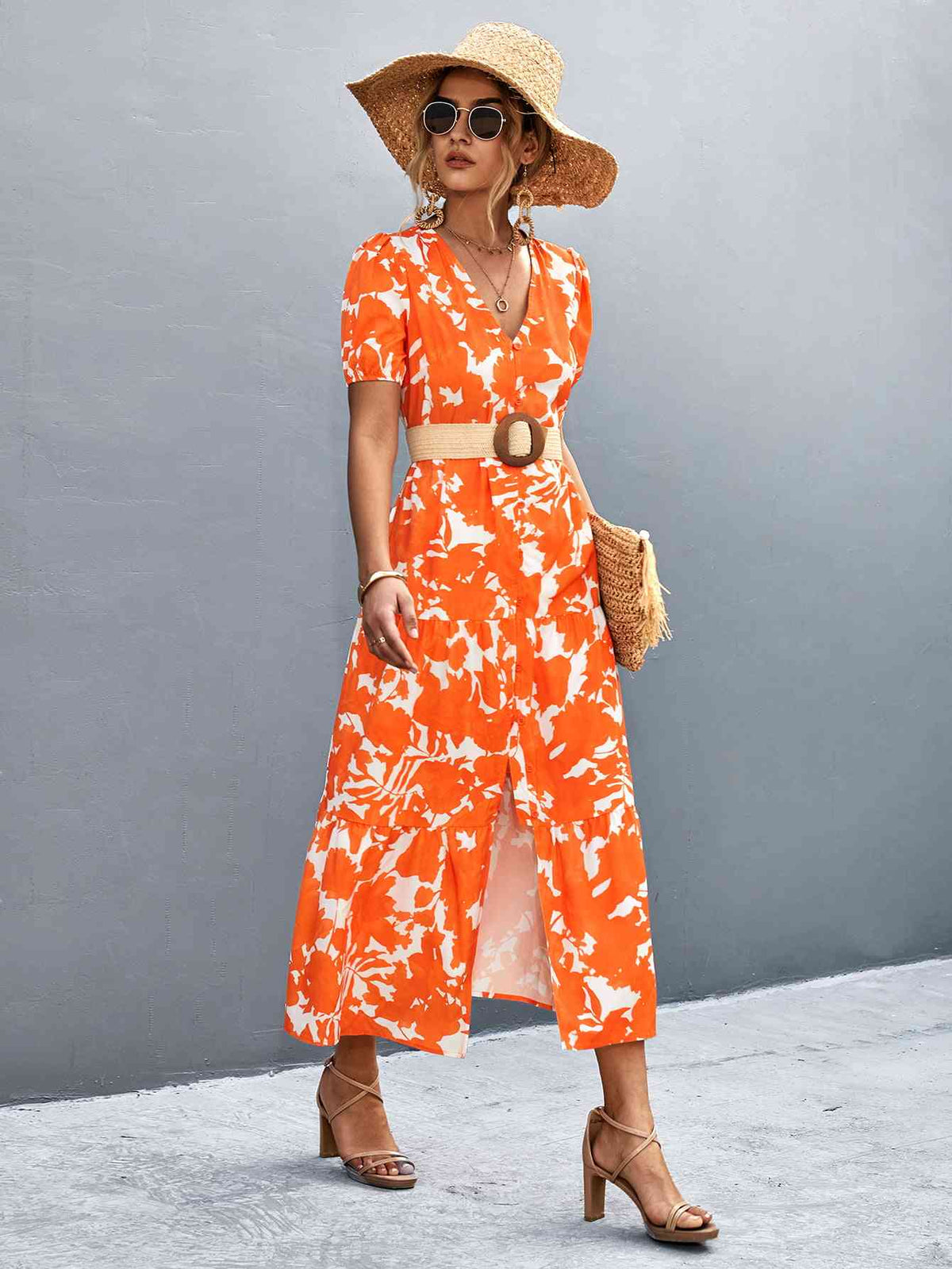 High-slit V-neck midi dress