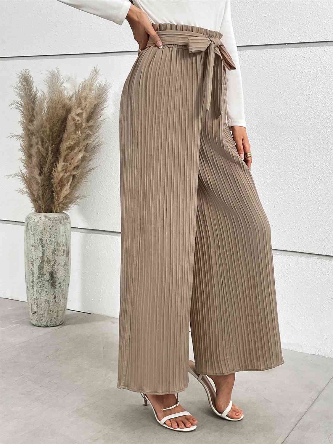 Tied wide leg long pants, side