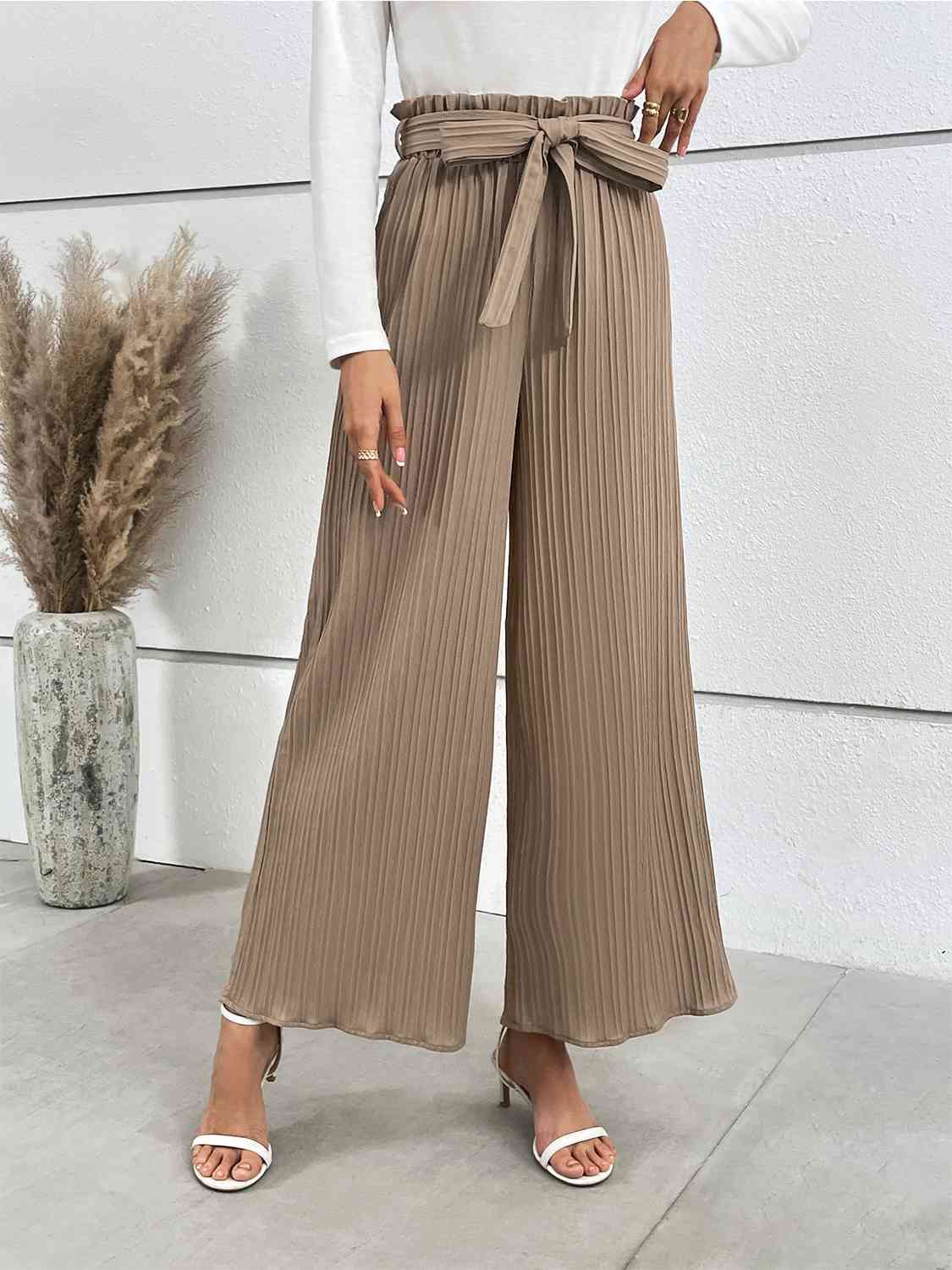 Tied wide leg long pants, front