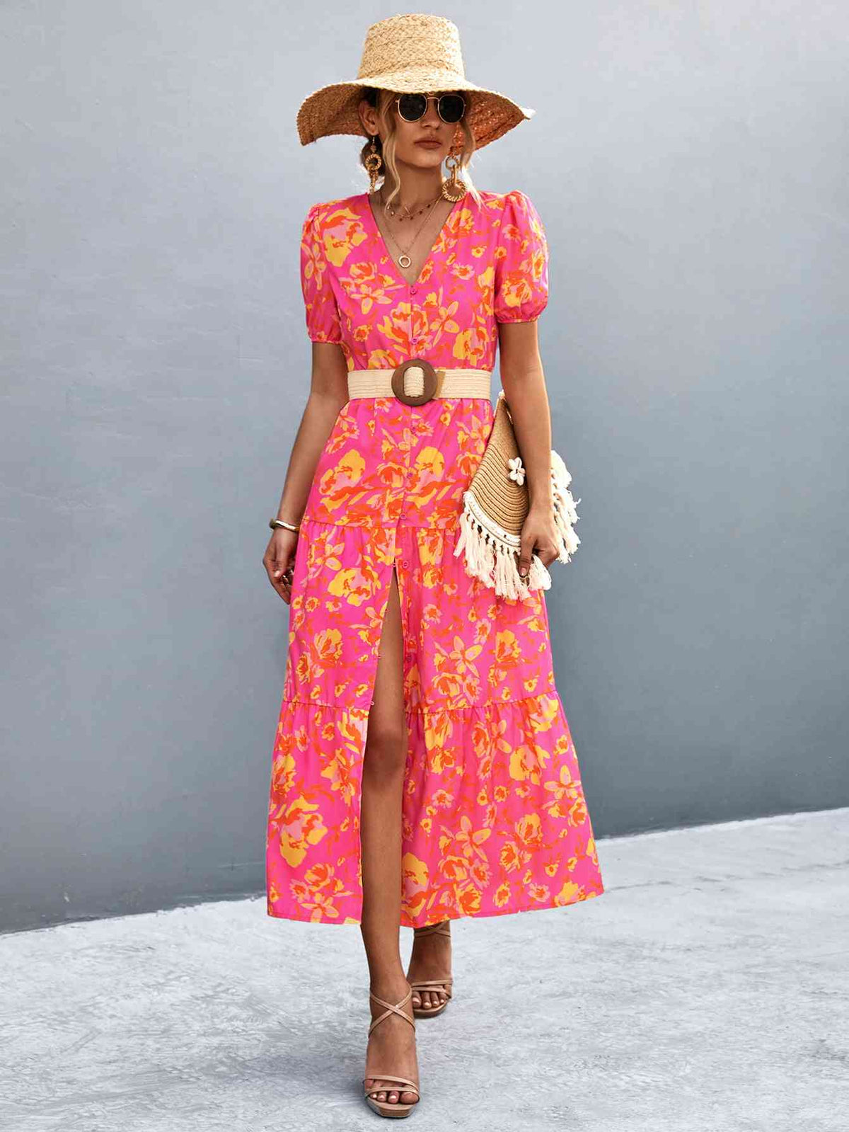 High-slit V-neck midi dress