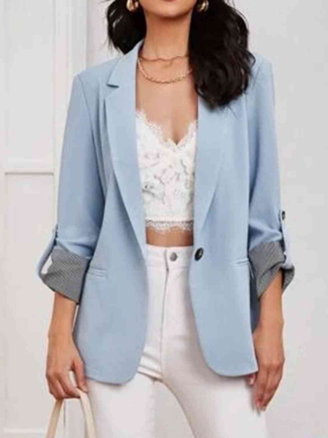 Lapel collar roll tab sleeve blazer
