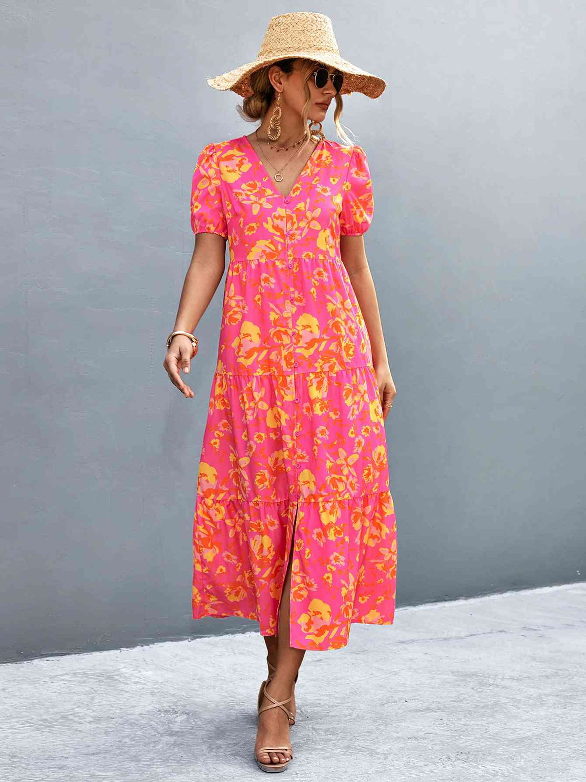 High-slit V-neck midi dress – strawberry