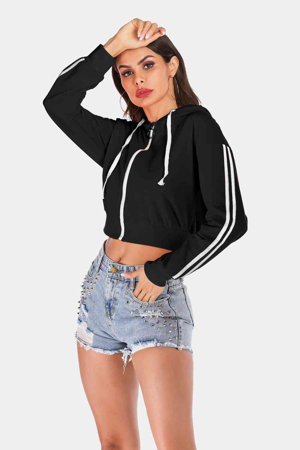 Side Stripe Drawstring Cropped Hooded Jacket