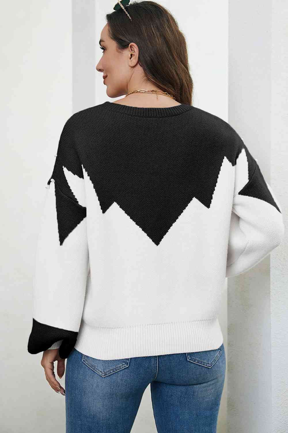 Pearl Color Block Dropped Shoulder Sweater