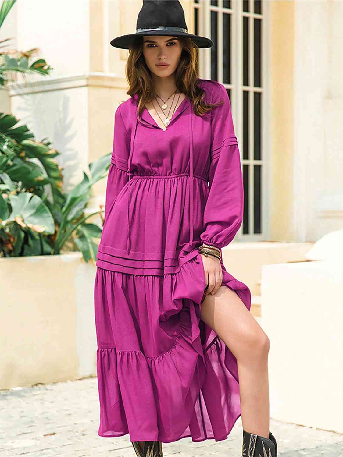 Tie-neck tiered midi dress