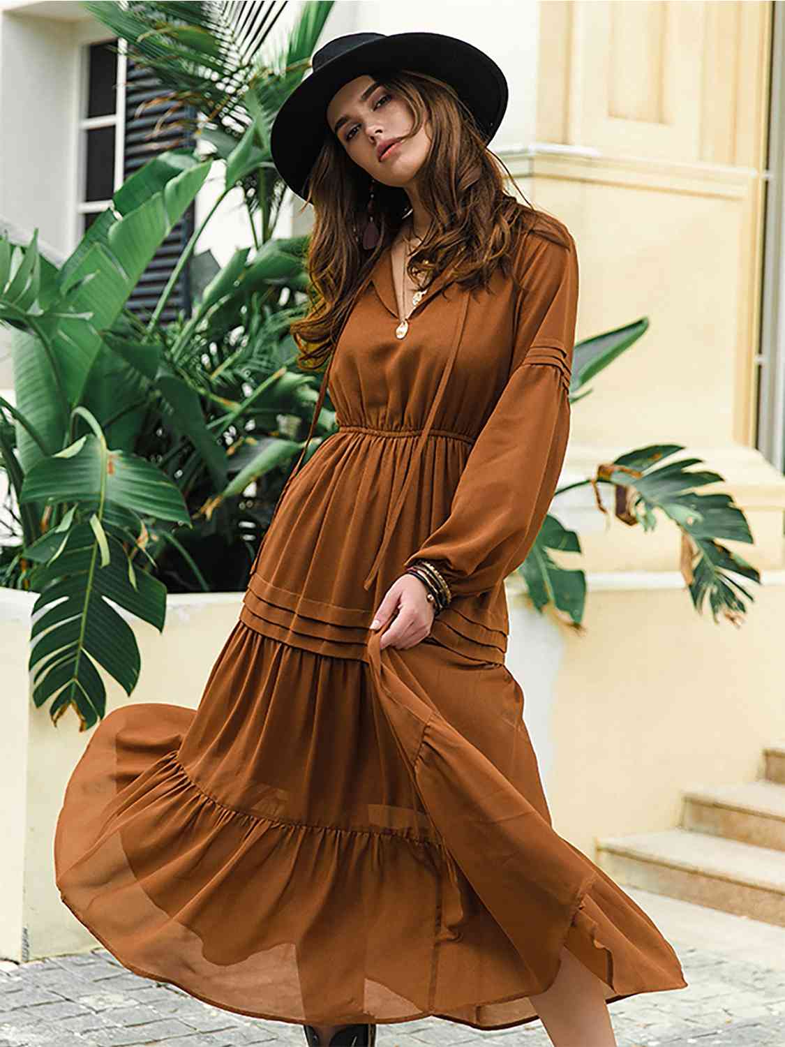 Tie-neck tiered midi dress