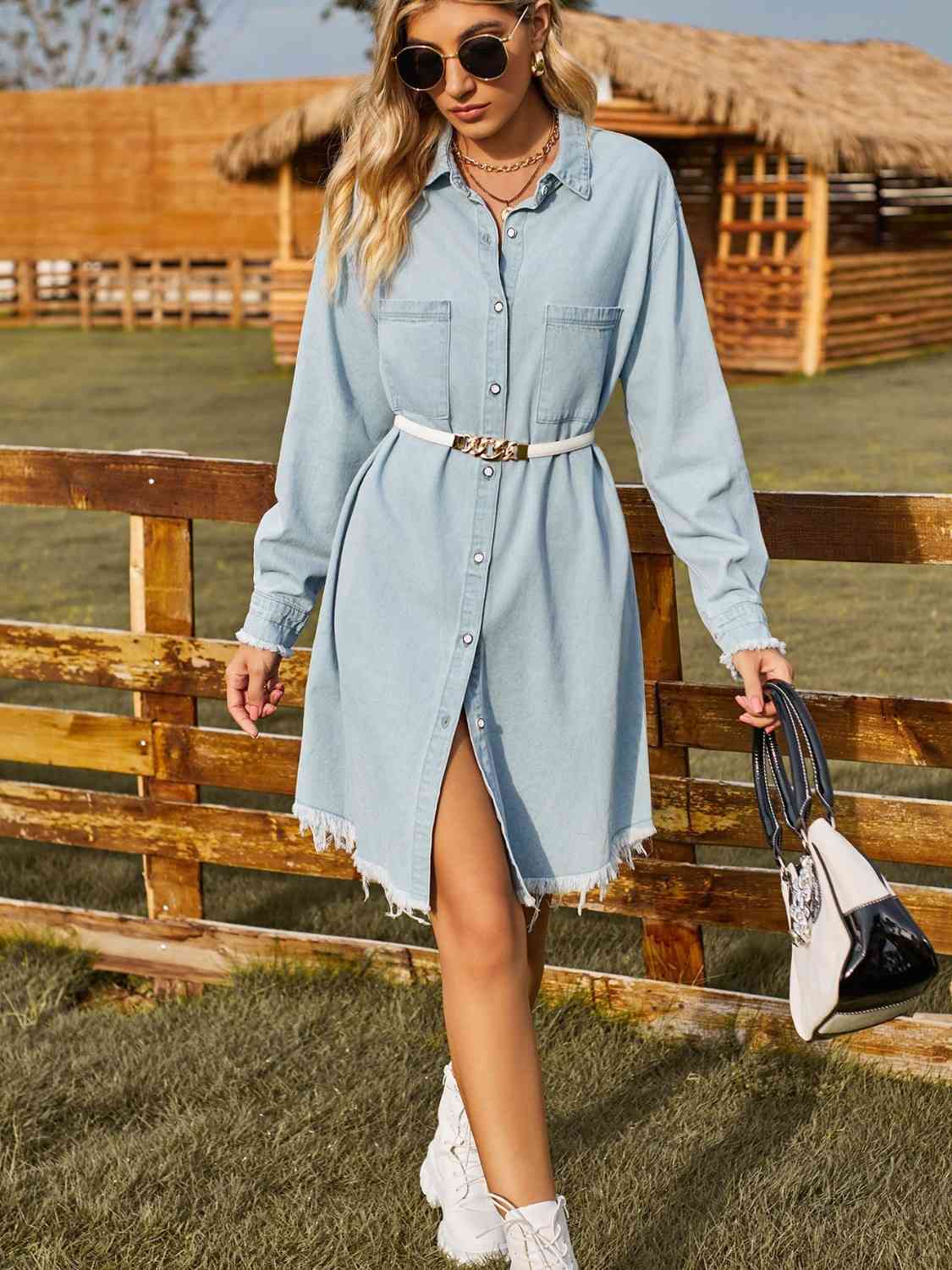 Raw-hem denim shirt dress