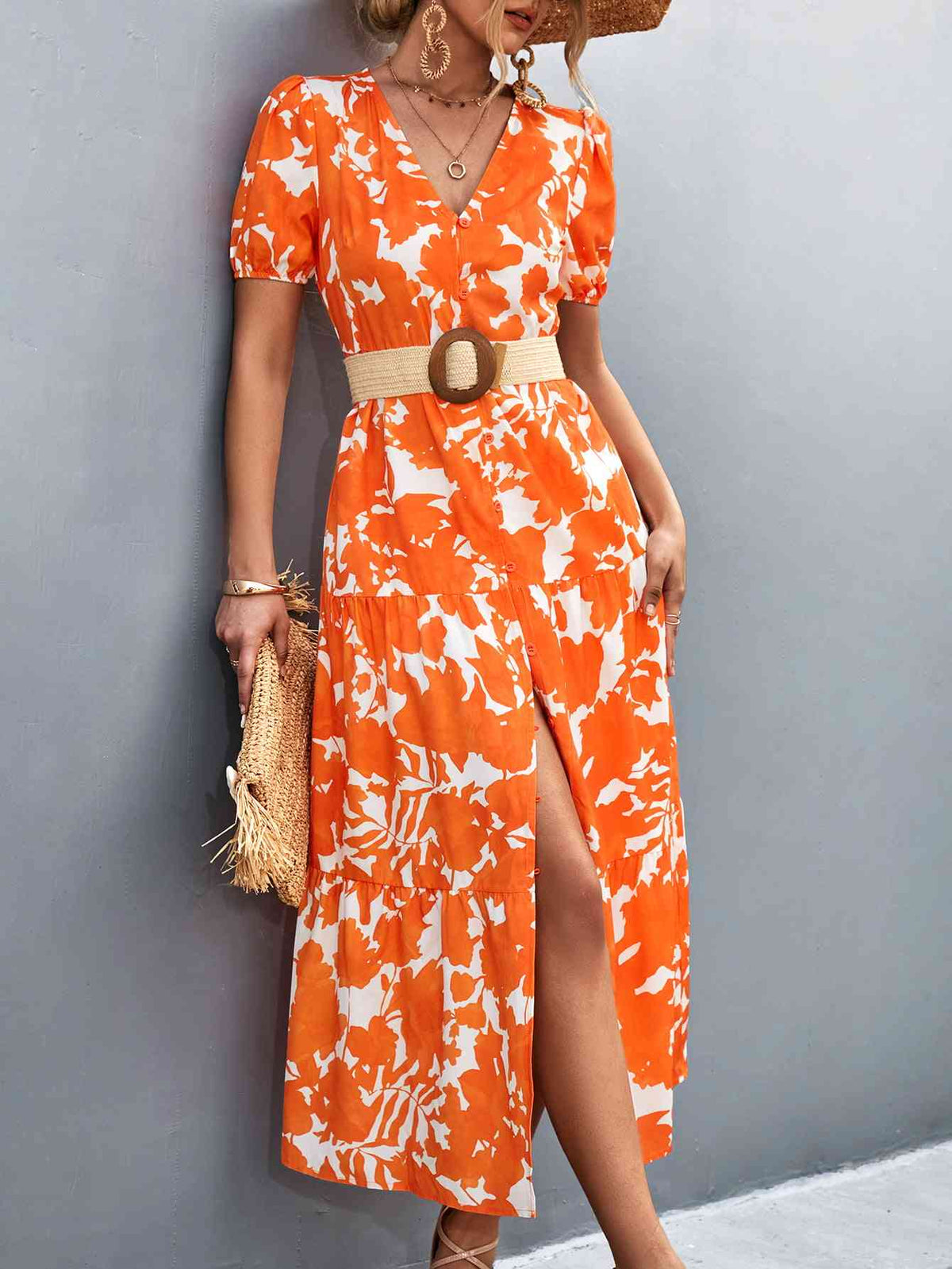 High-slit V-neck midi dress